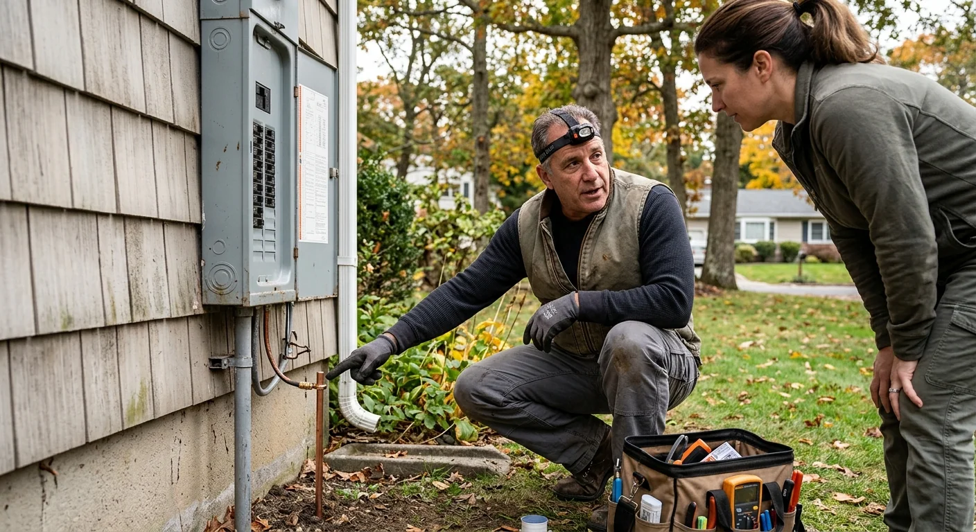 Electrician reviewing panel questions with a homeowner in a Smithtown kitchen
